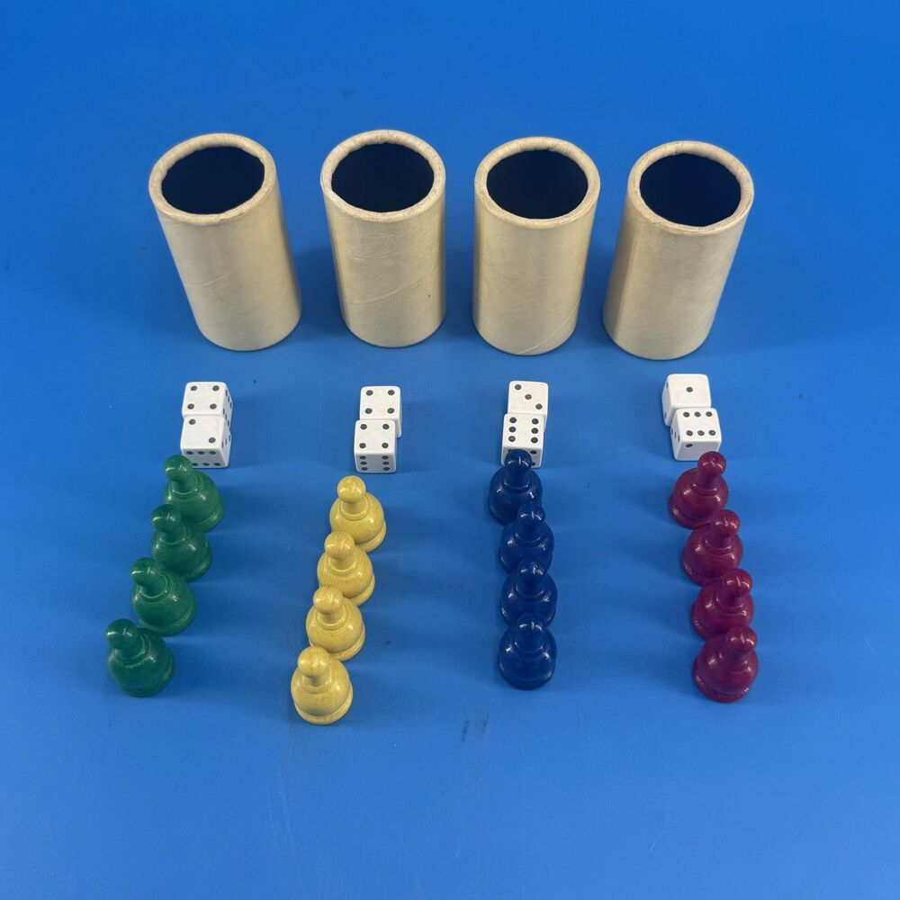 Parcheesi Replacement 16 Pieces Color Wood 4 Player 8 Dice Shakers Pawn Cups